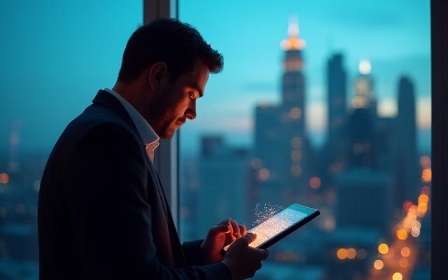 Chameleon Life founder in a contemplative pose, looking at digital wellness data.